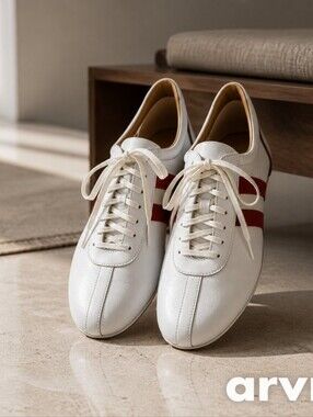 BALLY of Switzerland Leather Casual Sneakers White, Red Stripe Authentic EUC